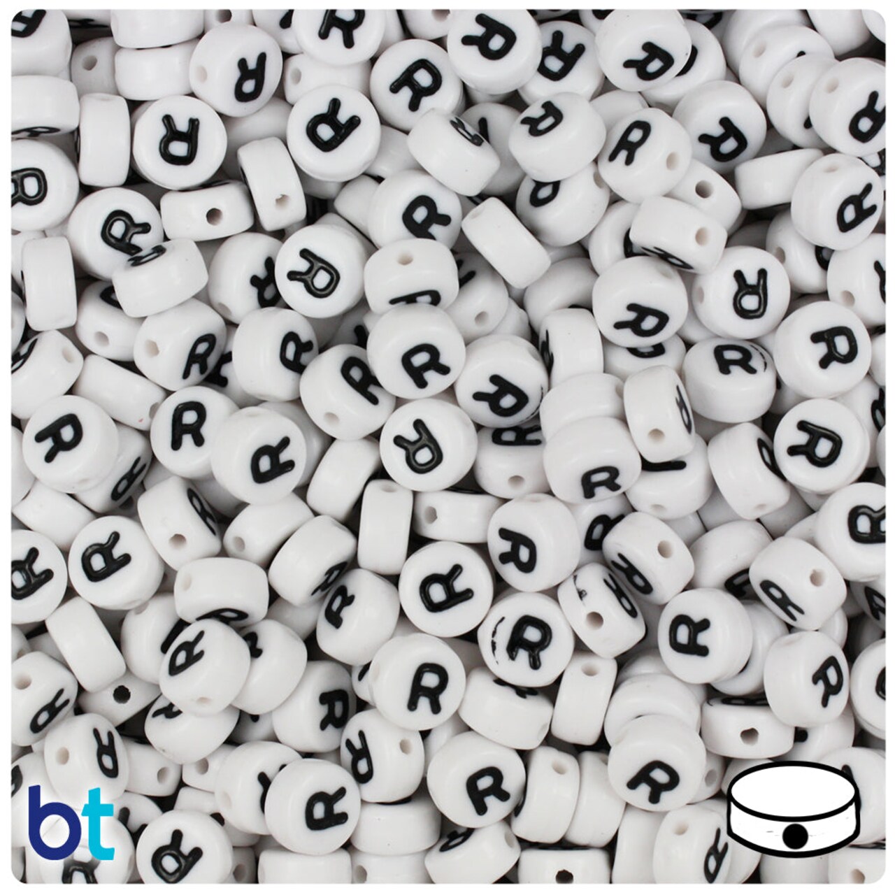 BeadTin White Opaque 7mm Coin Plastic Alpha Beads - Black Letter R (100pcs)